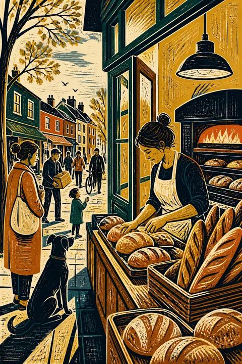 Busy Neighborhood Bakery Morning — Linocut Print