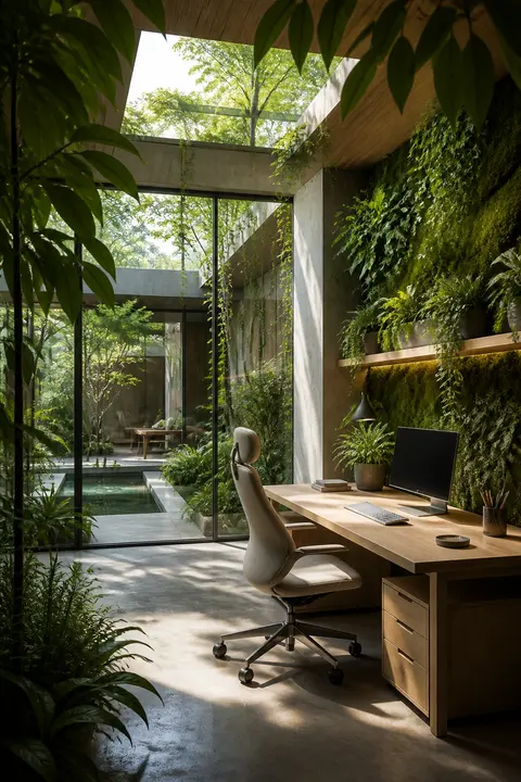 Biophilic Home Office with Living Green Walls