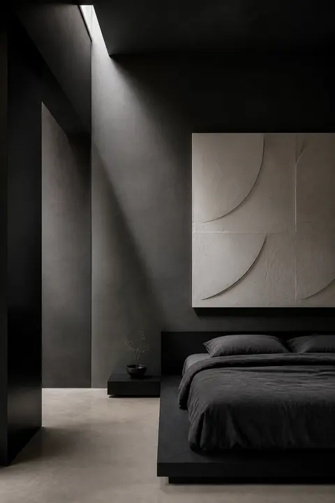 Monochrome Black Bedroom with Sculptural Art