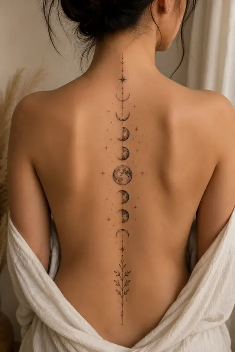 Moon Phases Spine Tattoo with Fine Line Stars