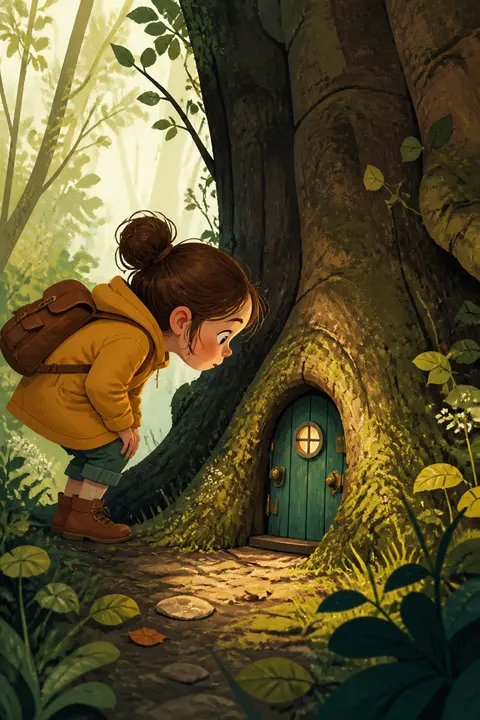 Child Discovering a Tiny Door, Textured Flat Art