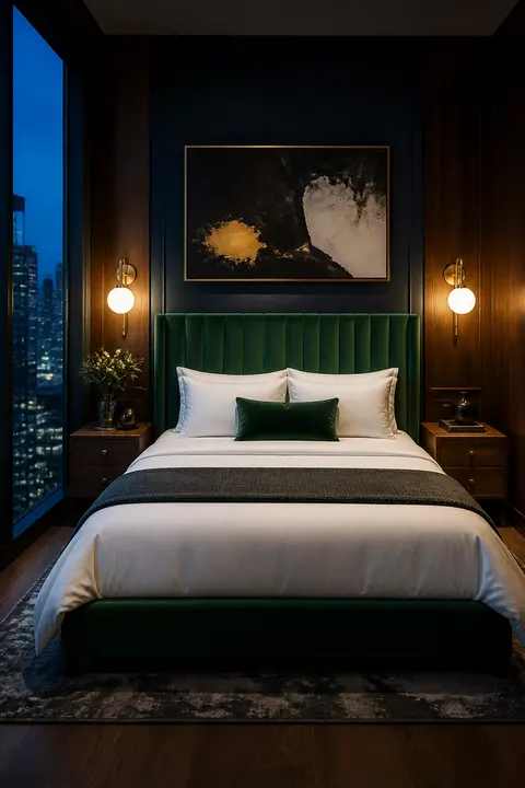 Emerald Velvet Bedroom with City Views
