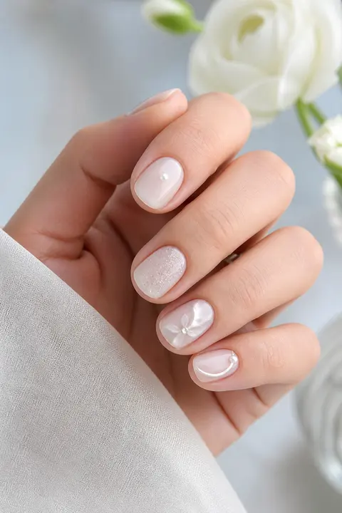 Milky Bridal Pearl on Short Natural Round Nails