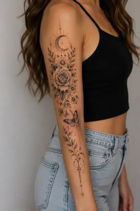 Crescent Moon Rose Butterfly Tattoo