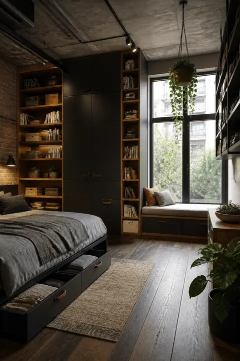 Window Seat Storage in Industrial Loft Bedroom