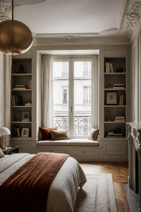 Window Seat Storage in Parisian Classic Bedroom
