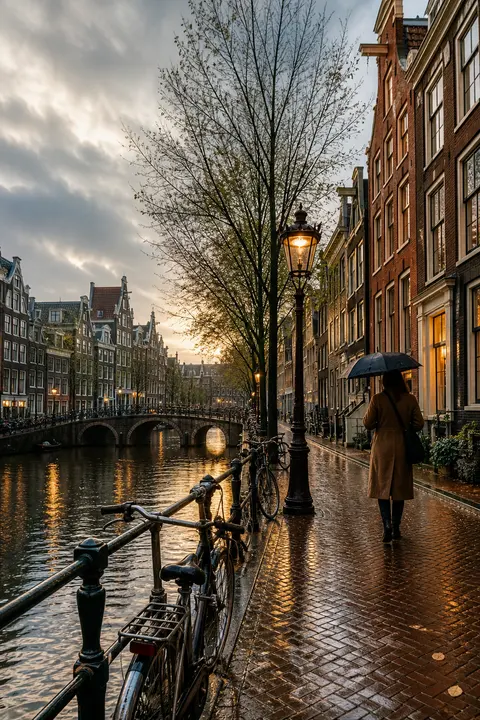 Amsterdam Canal House Street in Rainy Weather