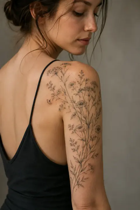 Fine-Line Wildflower Shoulder and Upper Arm Tattoo