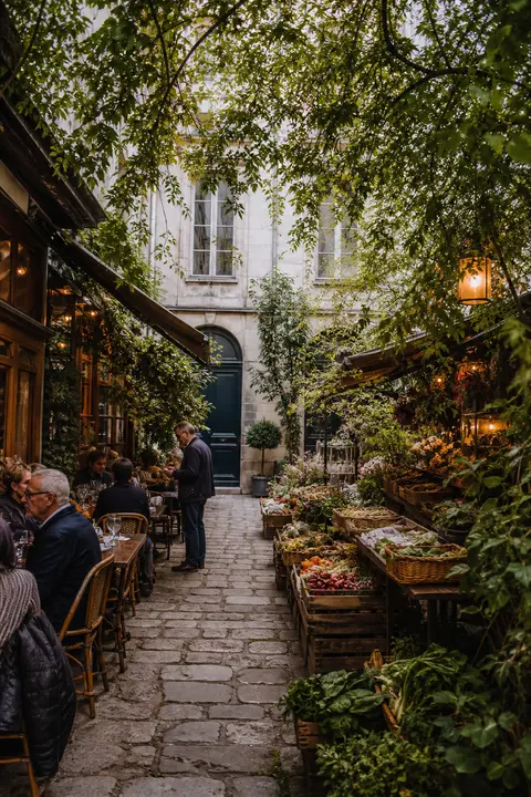 Paris Hidden Courtyard Café on Market Day