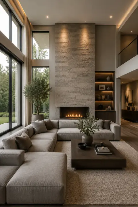 Minimal Luxury Grey Living Room With Stone Fireplace