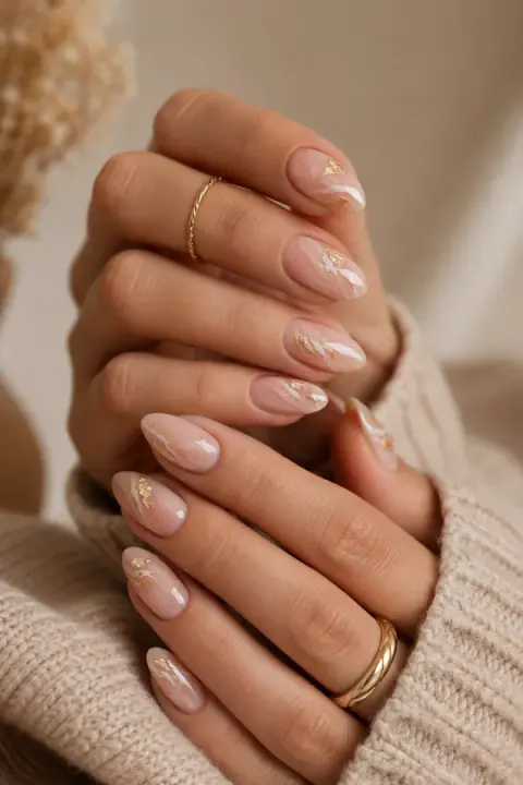 Blush Pink Almond Nails With White Swirls and Gold Foil