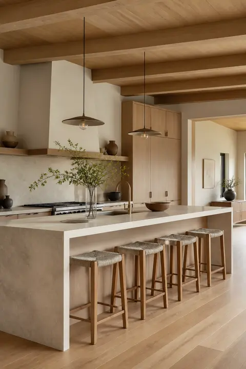 Large Island Seating in Pale Japandi Kitchen