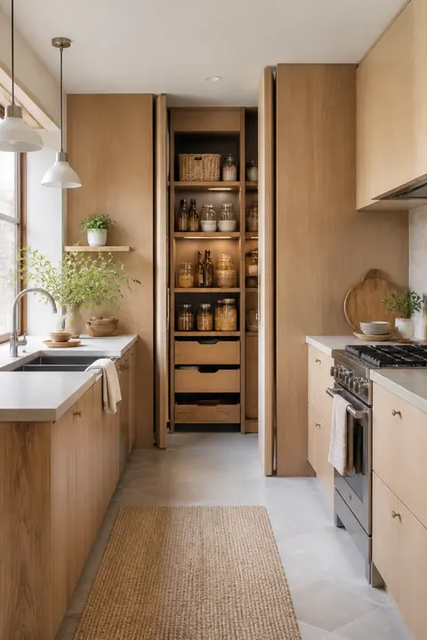 Oak Scandinavian Kitchen with Compact Galley and Pantry