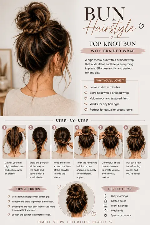 Braided Wrap Top Knot Bun Hairstyle for Long Hair