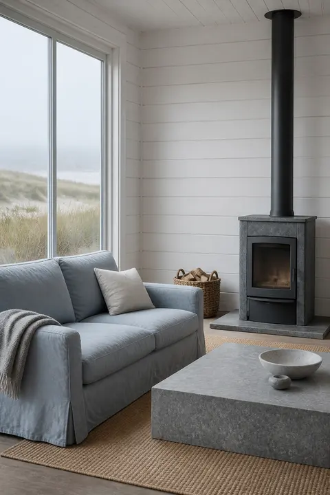 Nordic Coastal Living Room with a Black Stove