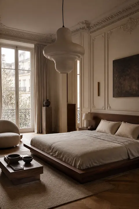 Parisian Classic Bedroom with Platform Bed and Pendant