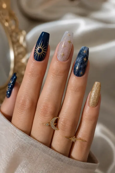 Soft Coffin Navy and Gold Celestial Manicure
