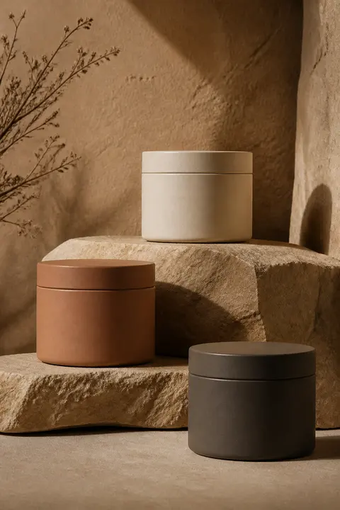 Earth-Tone Skincare Jars on Stone Blocks
