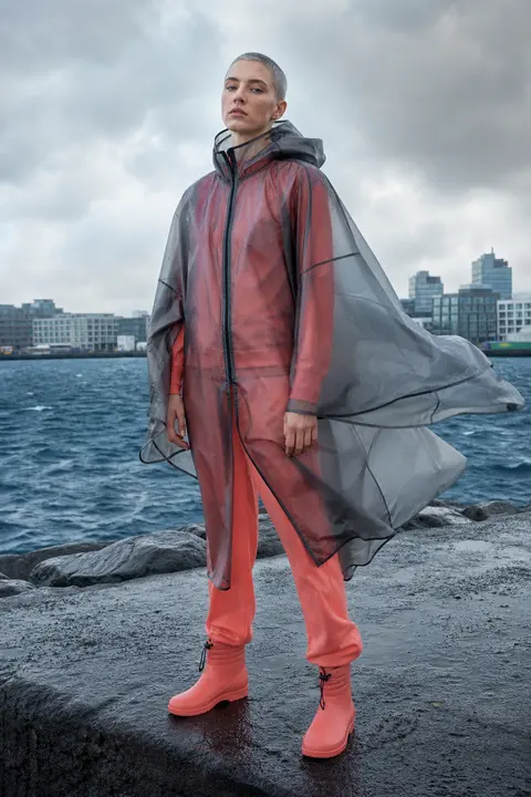 Coral Rain Set with a Sheer Gray Cape