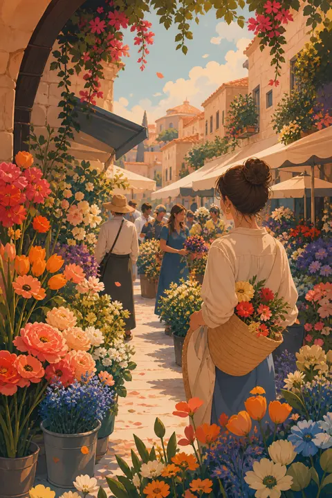 Textured Flat Art: Marketplace Filled with Flowers