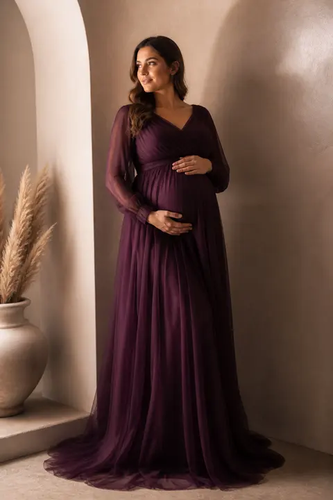 Plum Maternity Gown with Sheer Sleeves