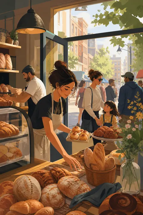 Busy Neighborhood Bakery Morning, Textured Flat Art