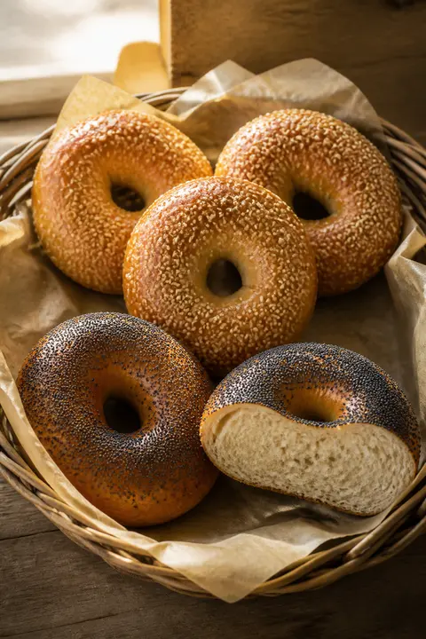 Sesame and Poppy Seed Bagels in a Basket