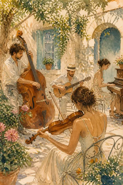 Ink and Watercolor: Musicians in a Summer Courtyard