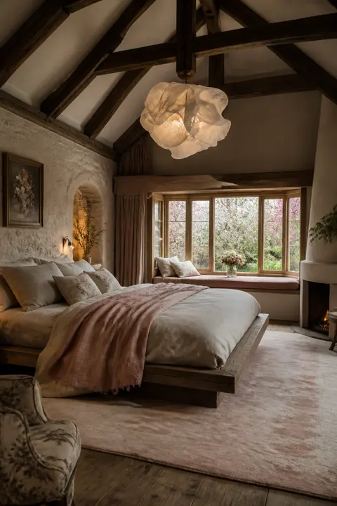 English Cottage Bedroom with Platform Bed and Pendant