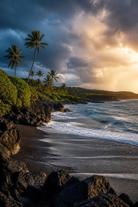 Hawaiian Black-sand Coast after the Weather Clears