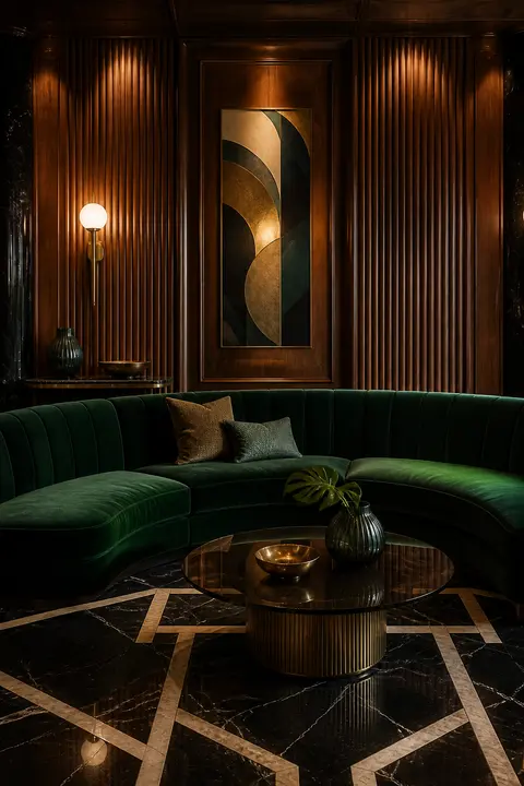 Emerald Art Deco Lounge with Glossy Black Floors