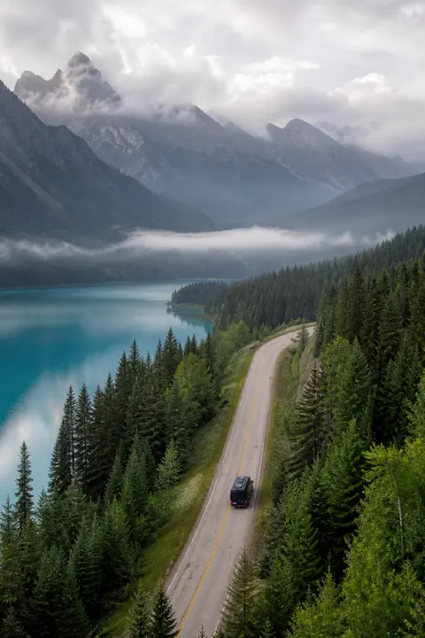 Canadian Rockies Drive Beside a Turquoise Lake