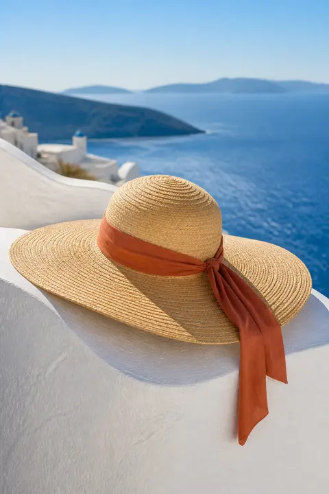 Wide Brim Straw Hat Over the Aegean
