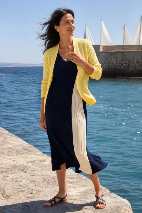 Yellow Cardigan Over a Navy Harbor Dress