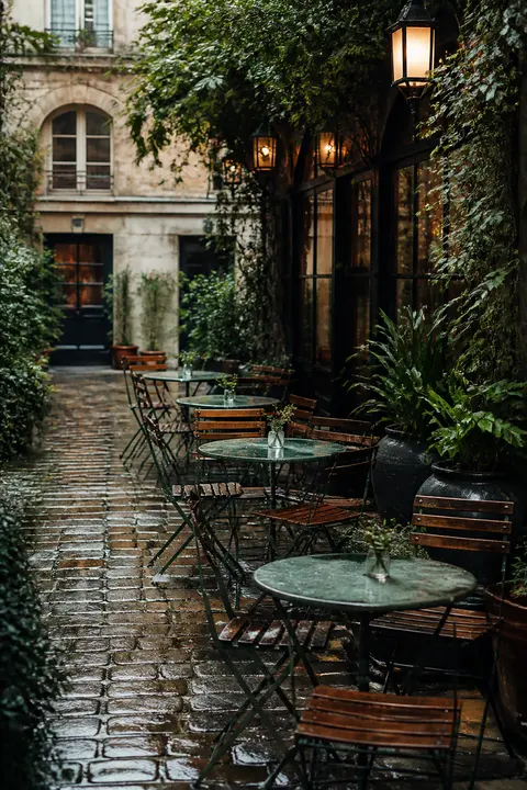 Rainy-Day View of Paris Hidden Courtyard Café