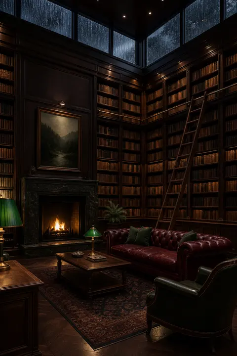 Dark Library Salon with Burgundy Leather Seating