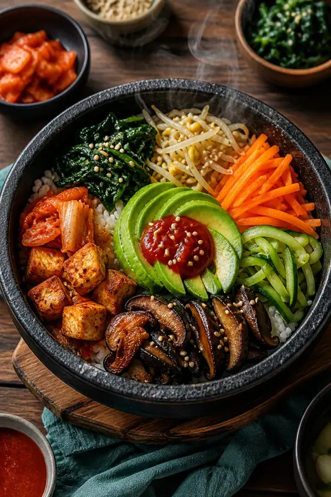 Vegan Tofu Bibimbap with Kimchi and Avocado