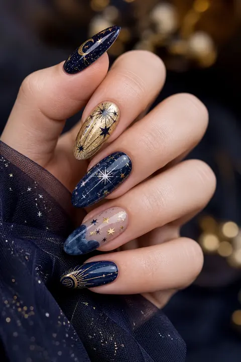 Navy and Gold Celestial for Long Oval Nails