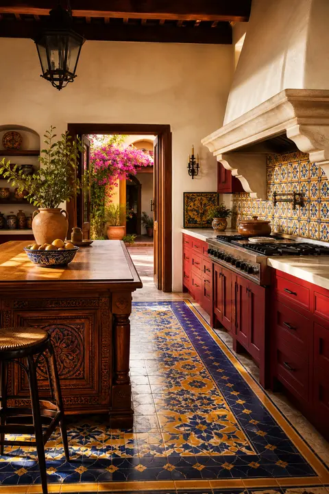 Red Hacienda Kitchen with Painted Tile Floors