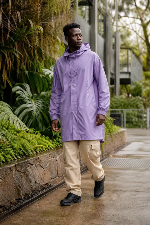 Lavender Raincoat with Cream Cargo Trousers