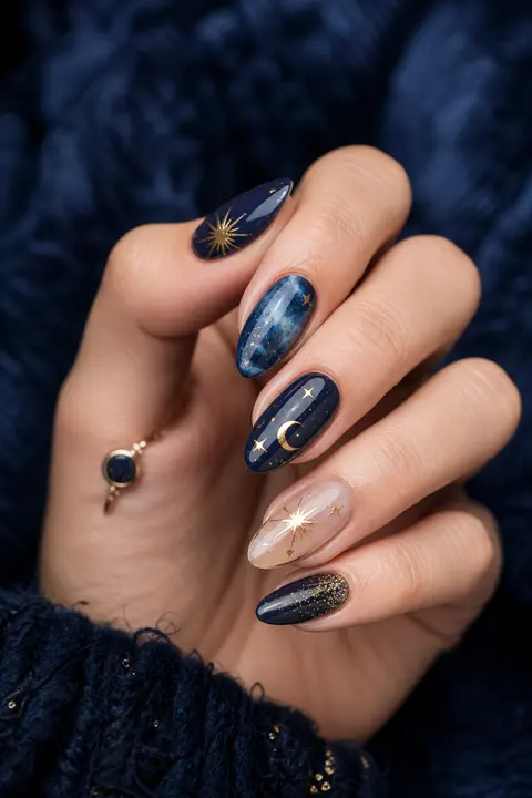 Navy and Gold Celestial Medium Almond Nail Design