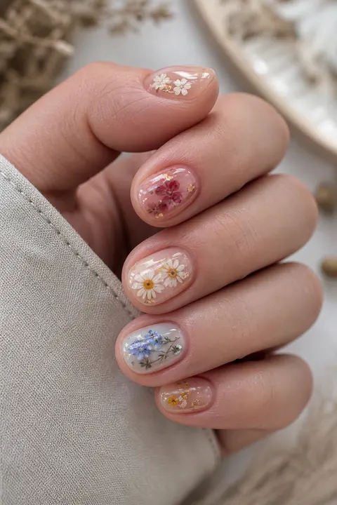 Pressed Flower Gel on Short Natural Round Nails