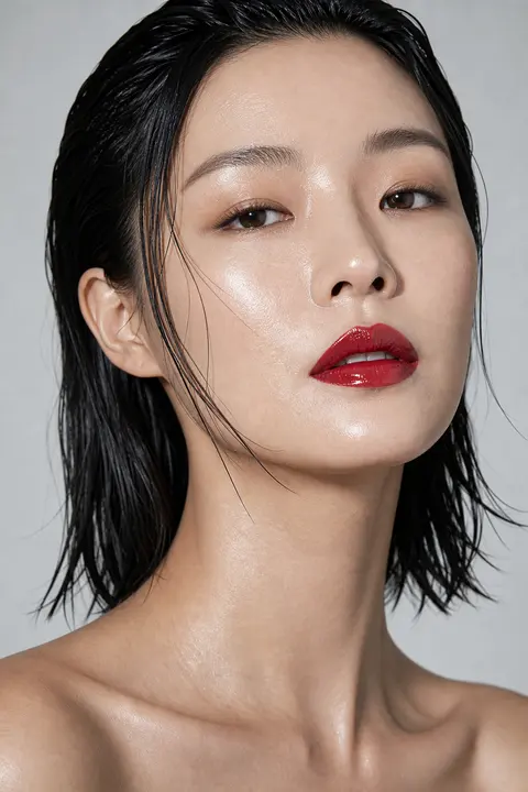 Cherry Red Lips with Glossy Glass Skin