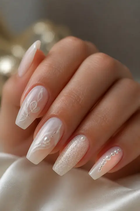 Soft Coffin Milky Bridal Pearl Manicure