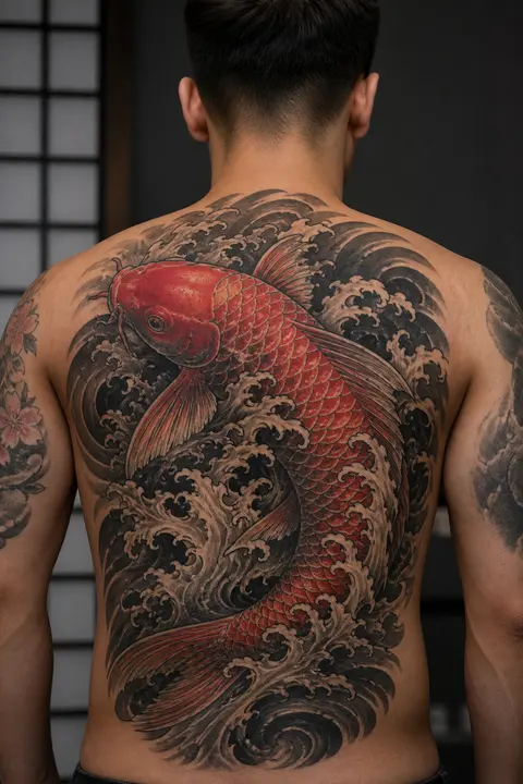 Upper Back Placement — Japanese Koi and Waves Tattoo