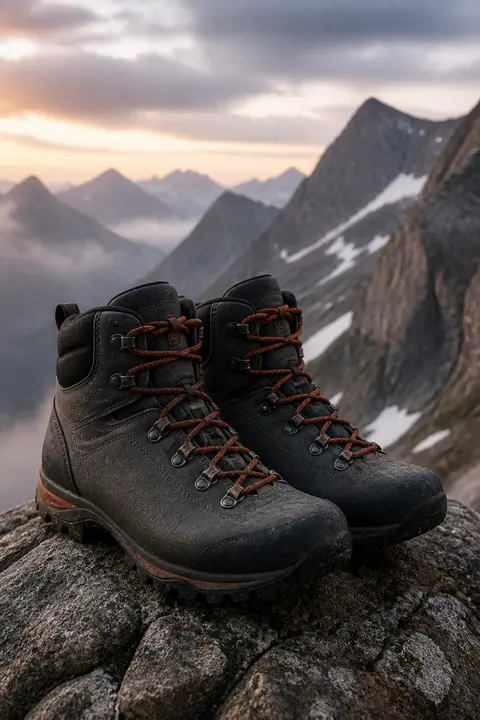 Black Alpine Hiking Boots on a Rocky Summit
