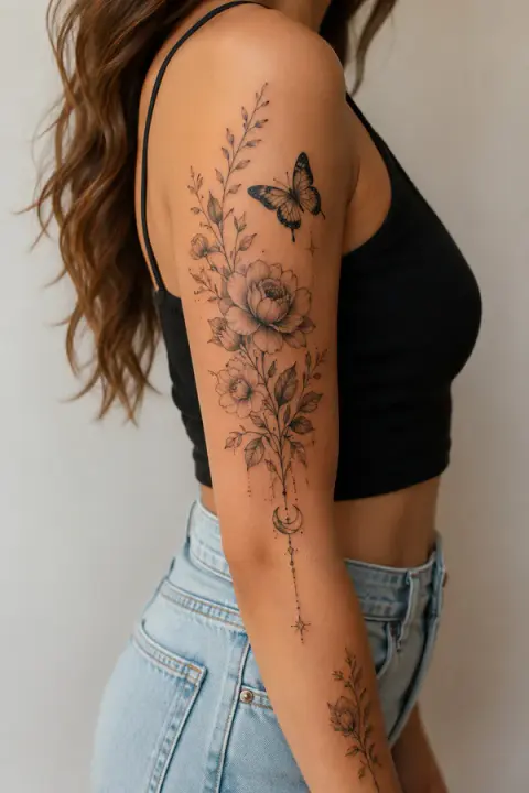 Black and Gray Peony Butterfly Arm Tattoo