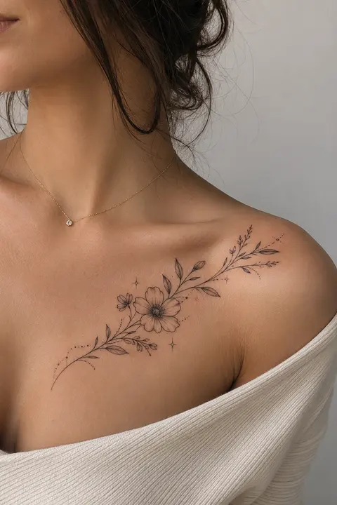 Fine Line Floral Collarbone Tattoo with Delicate Leaves