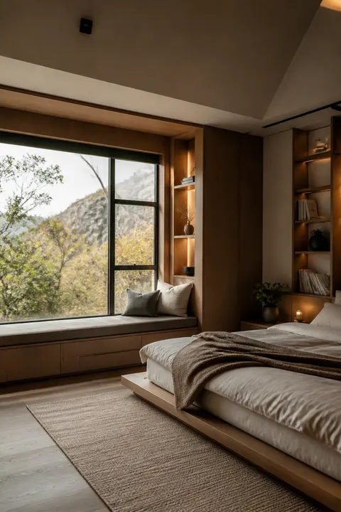 Window Seat Storage in Warm Japandi Bedroom
