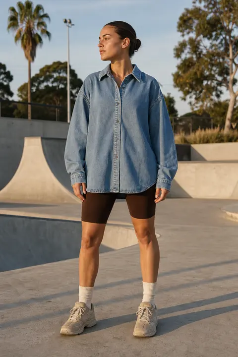 Oversized Denim Shirt with Black Cycling Shorts